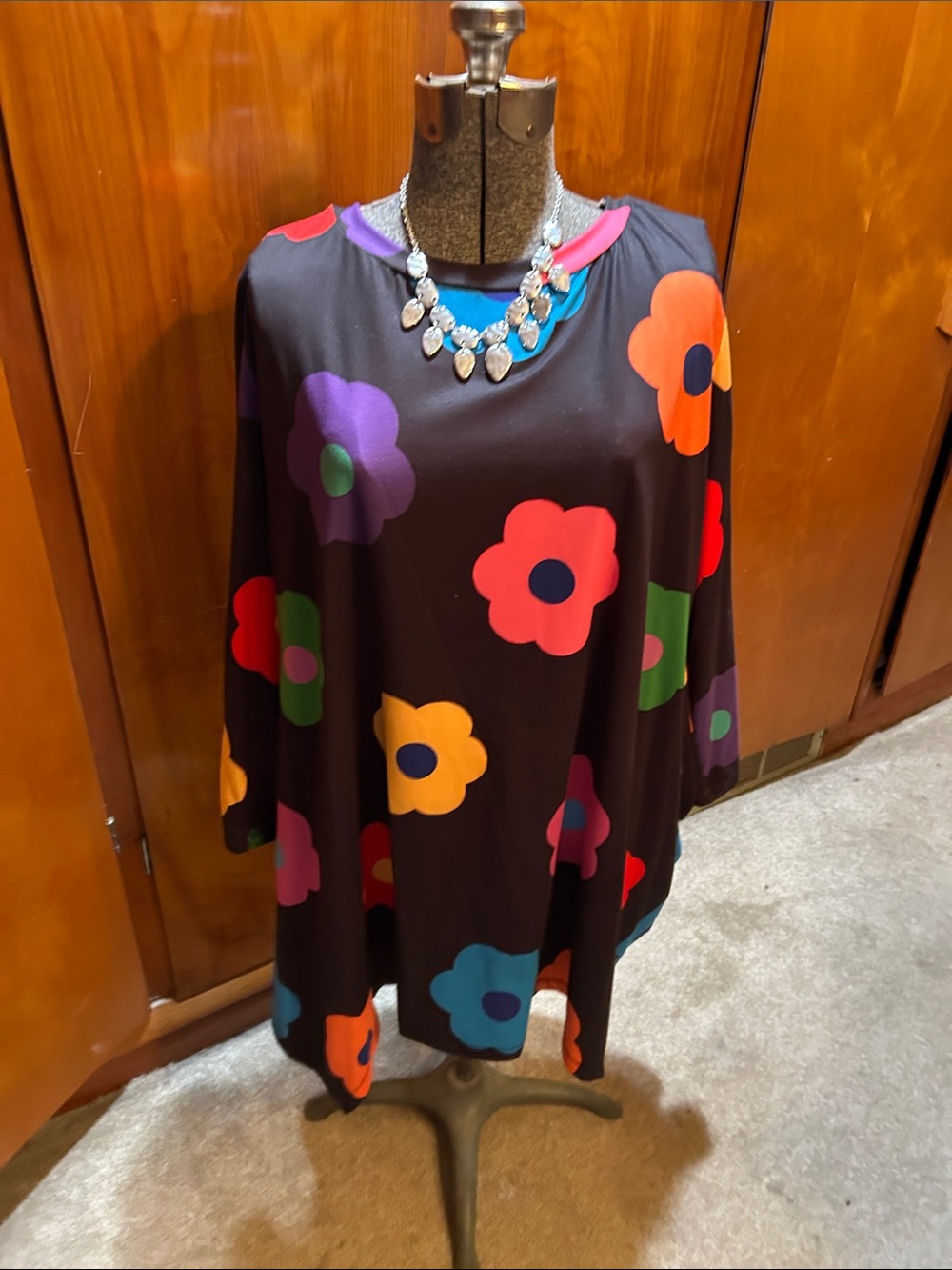Women's Black Floral Swing Top with Multi-Color Flower Print